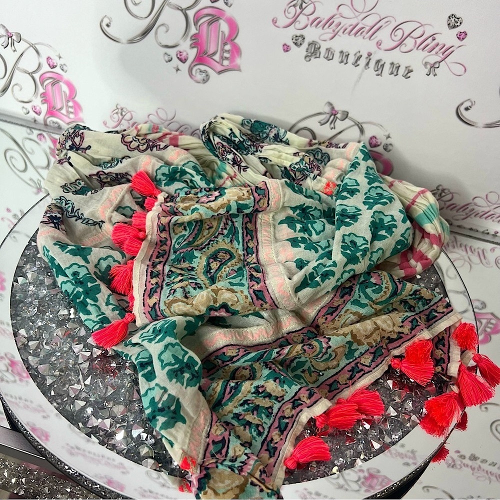 Scarf paisley boho print with neon fringe tassle detail Floral Patterned Tassels